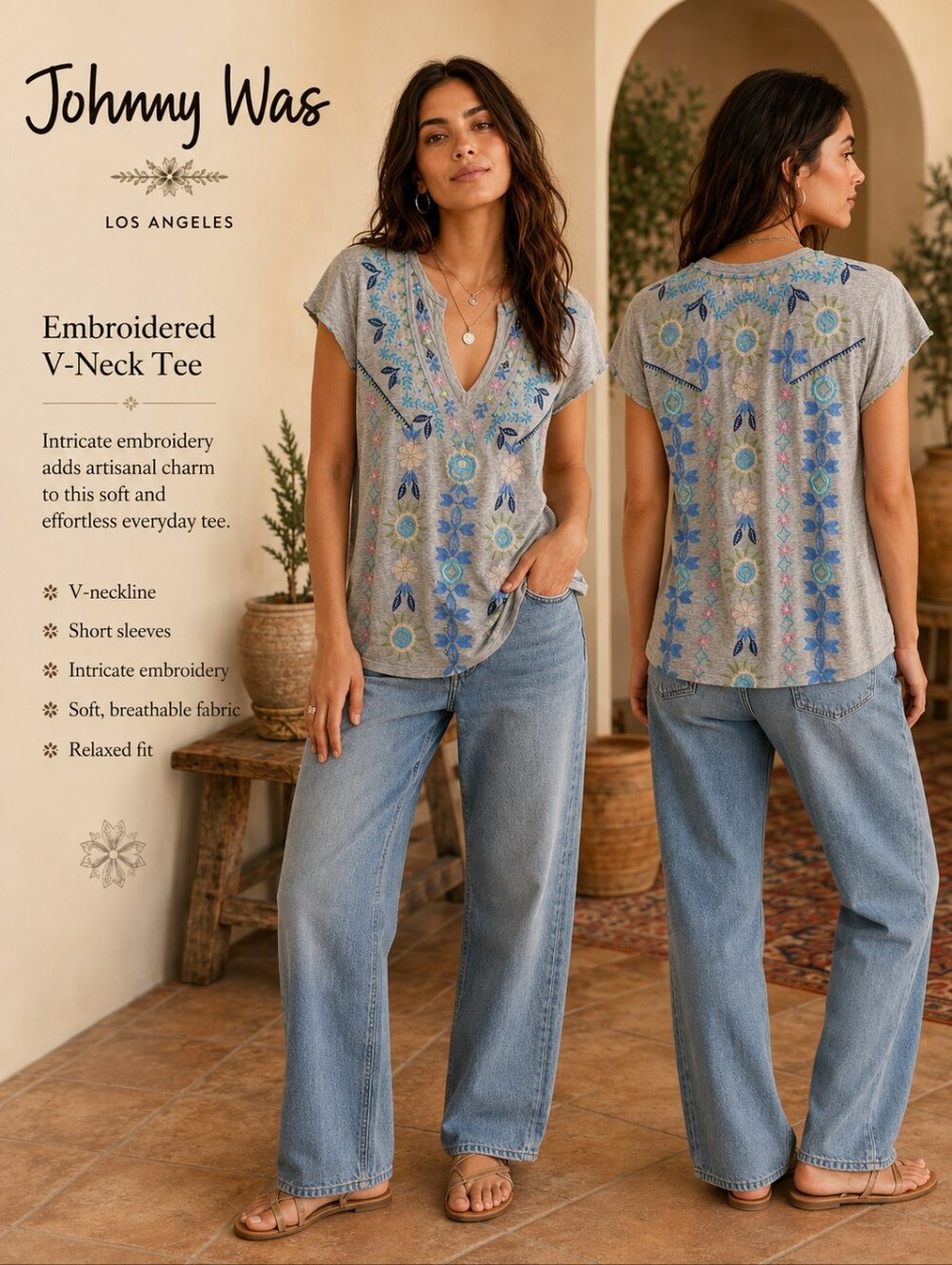 Johnny Was Embroidered Tee Gray Floral Boho Short Sleeve JW Los Angel Size M